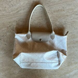 Longchamp "Made In France" White Nylon/Leather Handbag Tote